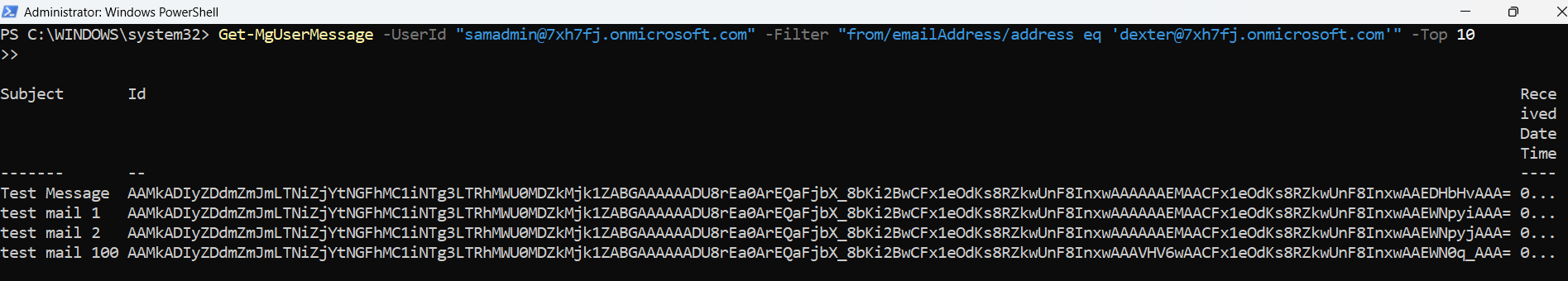 PowerShell command showing how to retrieve the top 10 most recent email messages from a user's mailbox based on sender email address using the Get-MgUserMessage cmdlet with the Top parameter
