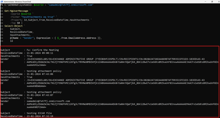 PowerShell command showing how to retrieve the top 10 most recent email messages from a user's mailbox based on sender email address using the Get-MgUserMessage cmdlet with the Top parameter