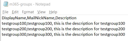 CSV file with headers DisplayName, MailNickName, Description for importing Microsoft 365 groups.