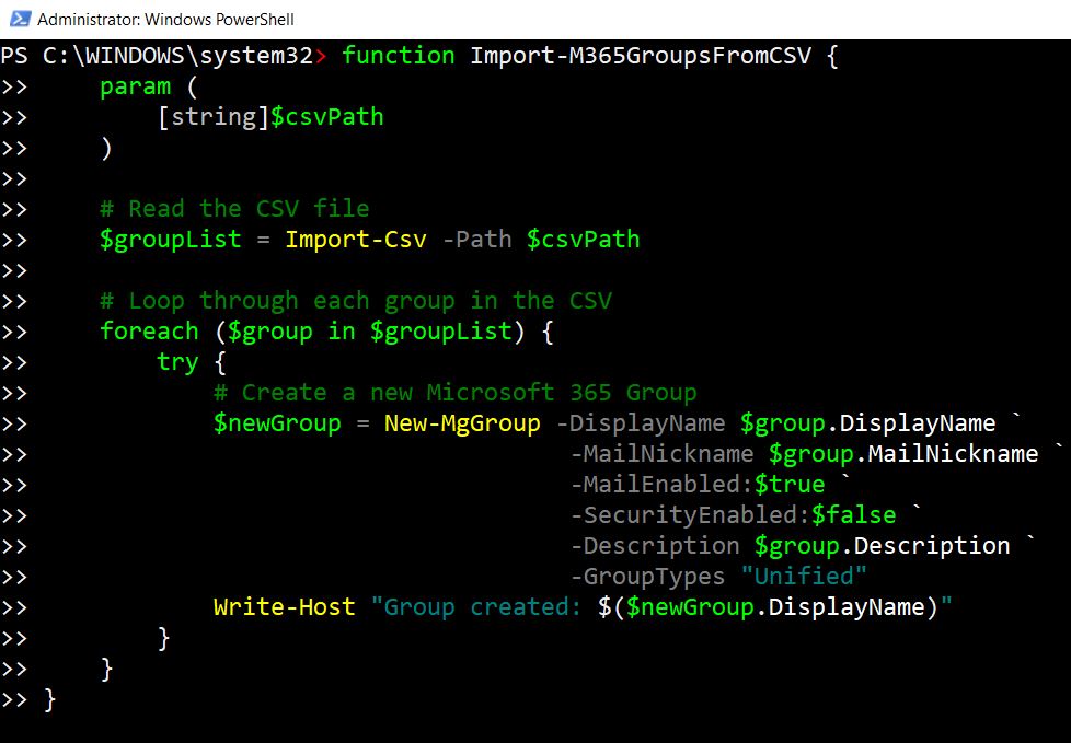 Executing New-MgGroup cmdlet for creating Microsoft 365 groups for CSV data.
