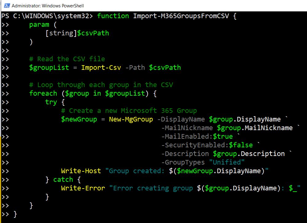 Handling error while creating M365 groups using catch block within PowerShell function.
