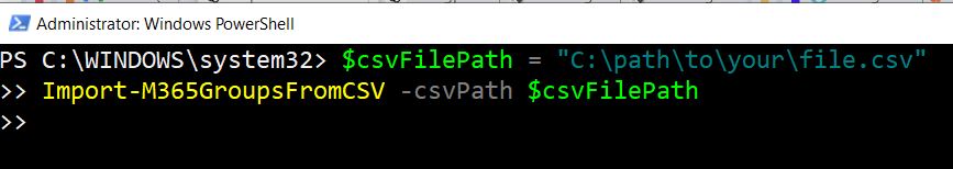 Calling the PowerShell function and passing in the CSV file path name to $csvFilePath PowerShell variable.