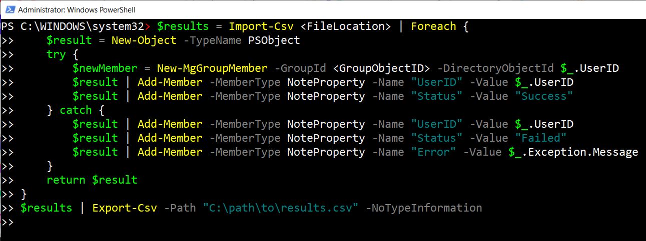Graph PowerShell script for exporting data to CSV files with custom PS objects.