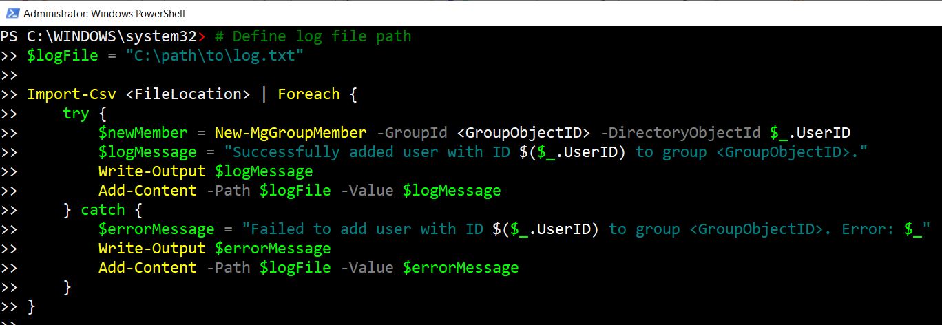 Graph PowerShell script for logging operation for troubleshooting purposes.
