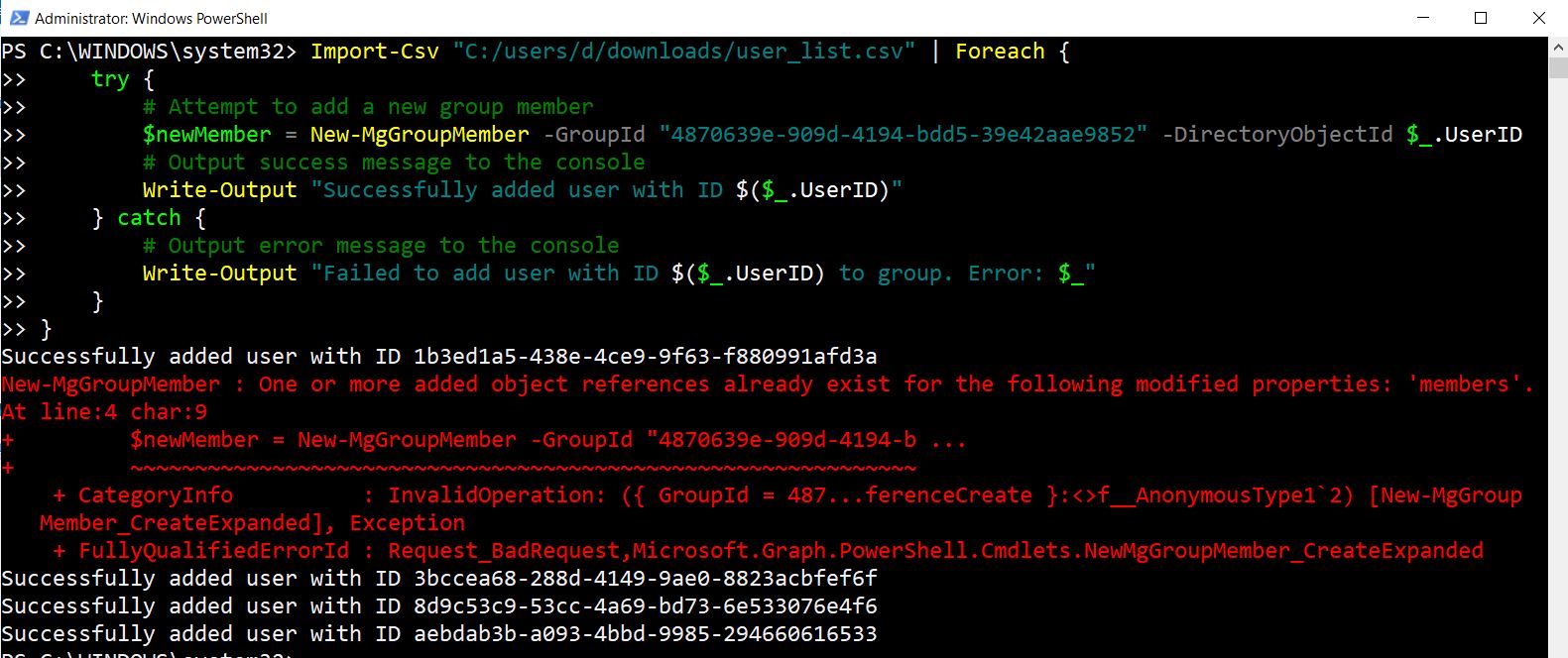 Output for Graph PowerShell Script for importing M365 users into Microsoft Teams