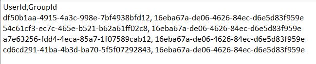 CSV file for Microsoft 365 User Import with UserId and GroupId headers.