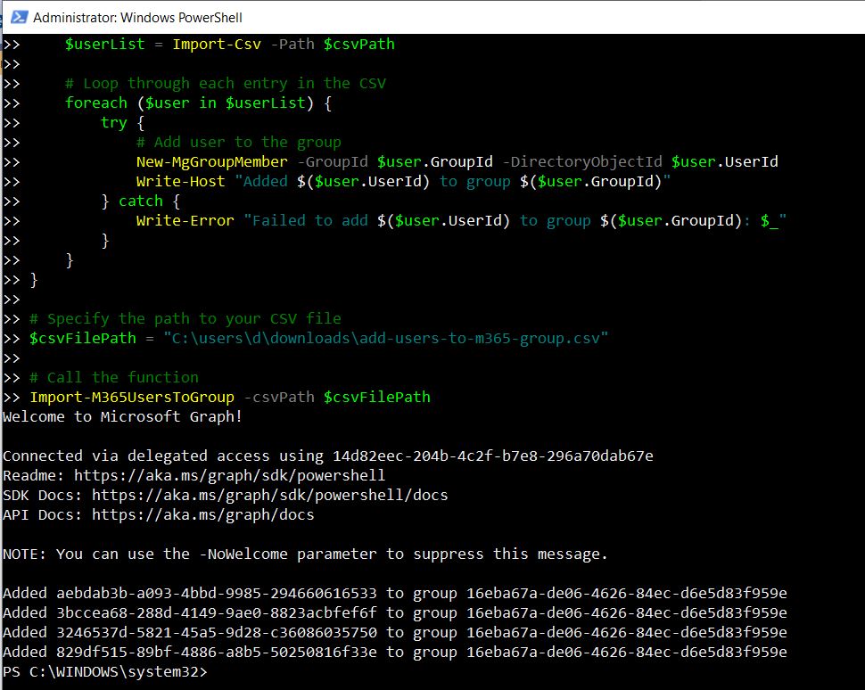 Graph PowerShell Script for Microsoft 365 Group User Import Output.
