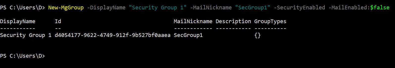 PowerShell command demonstrating how to create a security group named 'Security Group 1' with the mail nickname 'SecGroup1' using the New-MgGroup cmdlet.