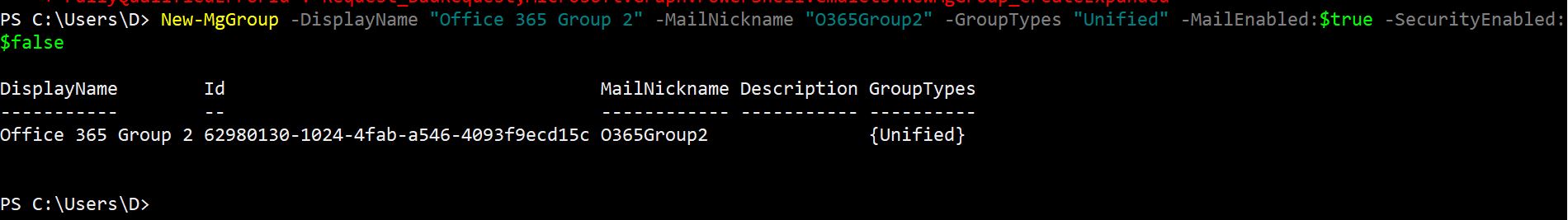PowerShell command illustrating the creation of an Office 365 Group named 'Office 365 Group 1' with the mail nickname 'O365Group1' using the New-MgGroup cmdlet.