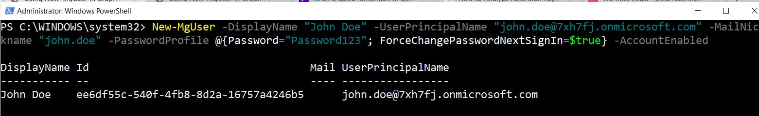 PowerShell command creating a new Microsoft 365 user with New-MgUser cmdlet