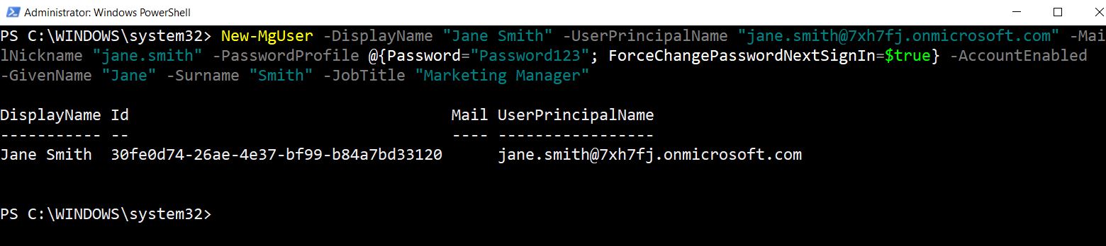 PowerShell command creating a new Microsoft 365 user using New-MgUser cmdlet with additional info.