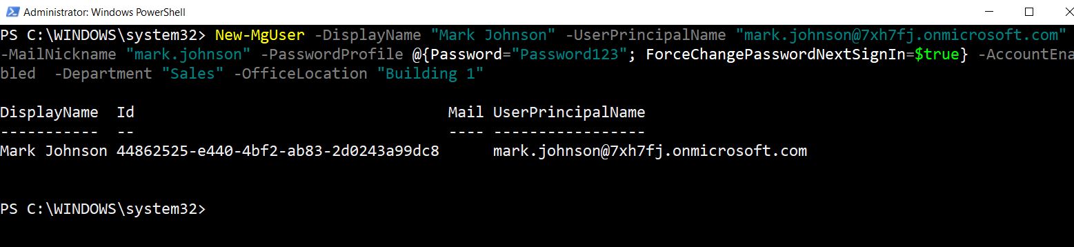PowerShell command creating a new Microsoft 365 user using New-MgUser cmdlet with Department and Office Location attributes.