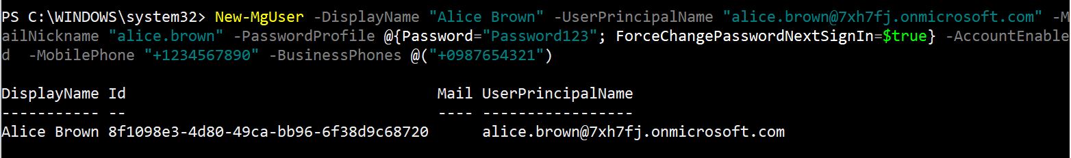 PowerShell command creating a new Microsoft 365 user using New-MgUser cmdlet with Mobile Phone and BusinessPhones attributes.