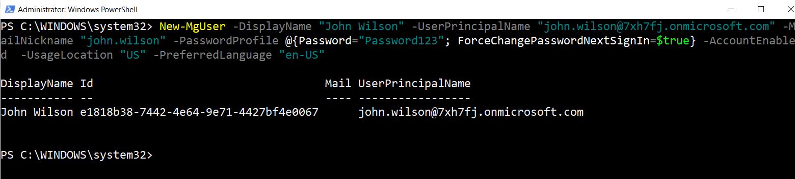 PowerShell command creating a new Microsoft 365 user using New-MgUser cmdlet with Usage Location and Preferred Language attributes.