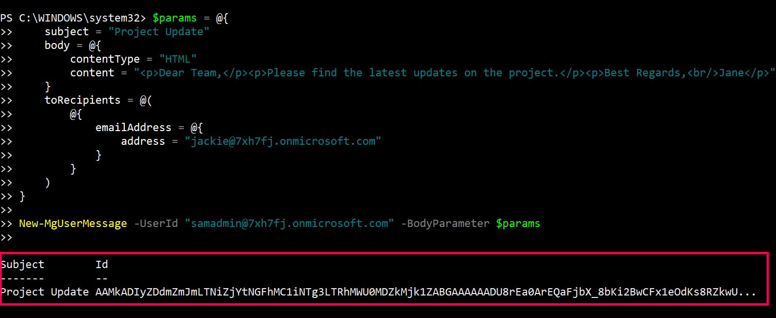 Screenshot of PowerShell script drafting an HTML-formatted email using New-MgUserMessage, showcasing the inclusion of HTML tags in the email body.