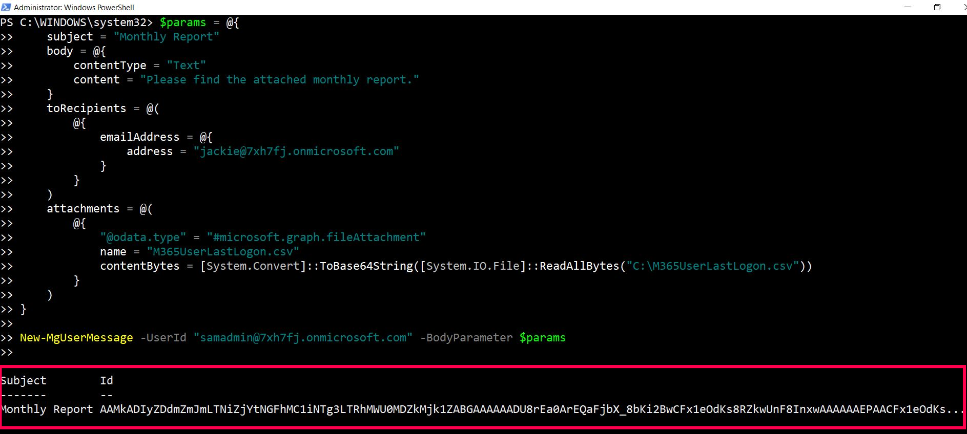 ​Screenshot of PowerShell script demonstrating the creation of an email with an attachment using New-MgUserMessage, highlighting the process of encoding a PDF file to Base64.