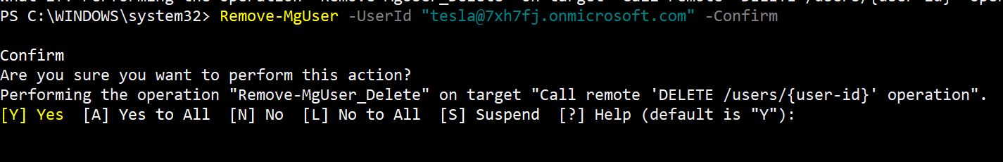 PowerShell command using Remove-MgUser with -Confirm parameter to delete a user account.