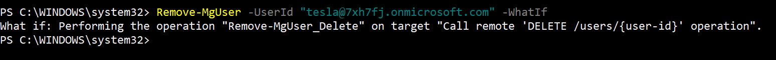 PowerShell command using Remove-MgUser with -WhatIf parameter to preview user deletion