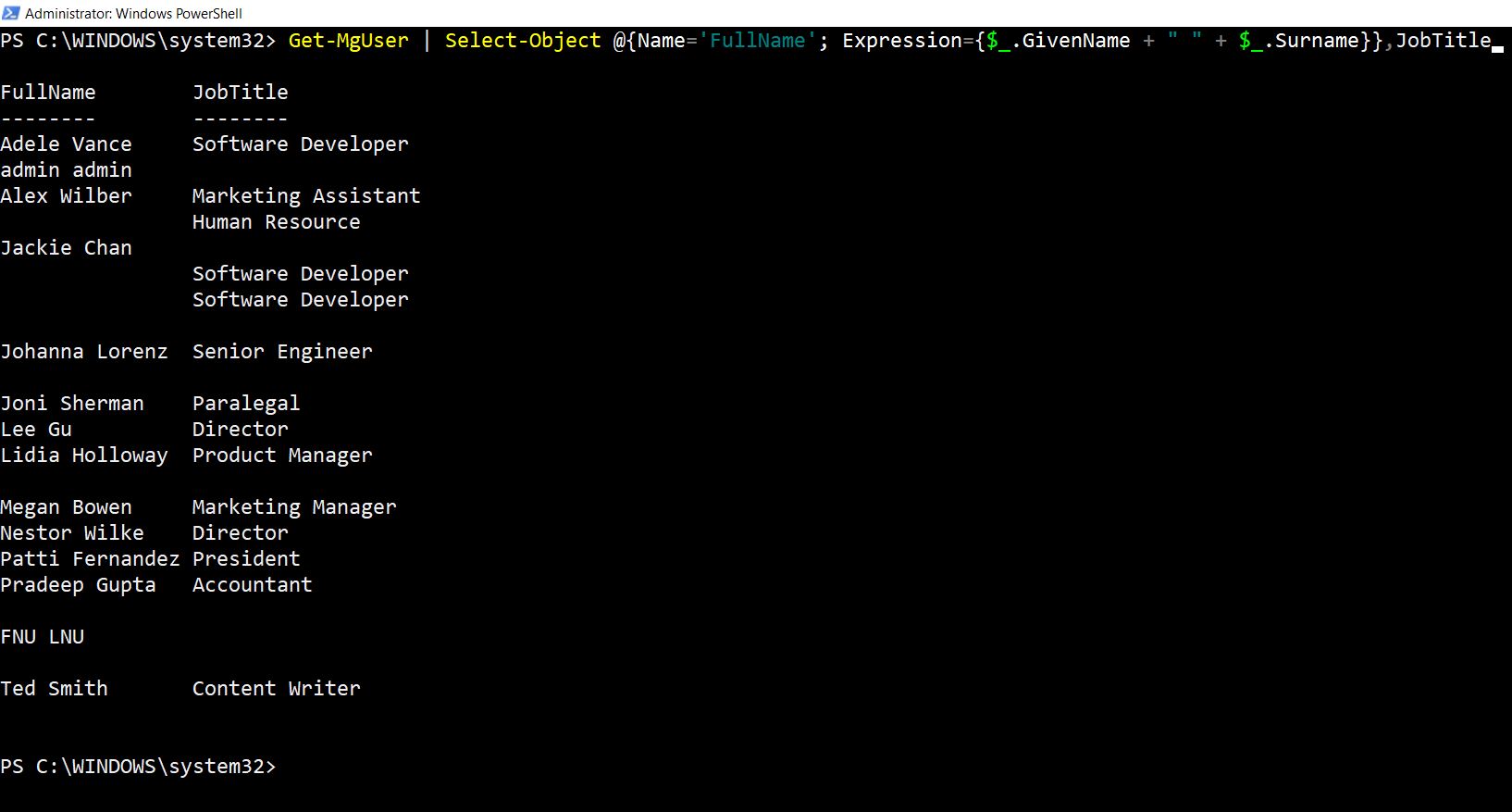 PowerShell command creating FullName property by combining GivenName and Surname using Select-Object