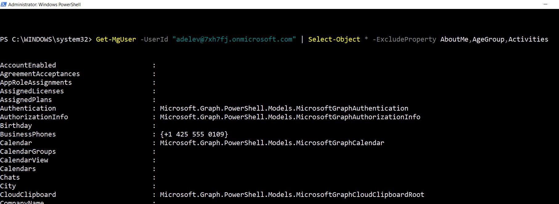 PowerShell script excluding AboutMe, AgeGroup, and Activities properties using Select-Object