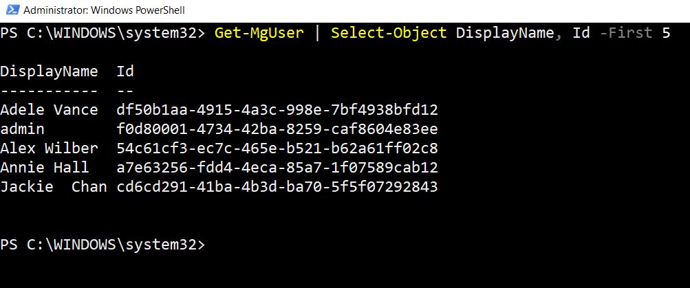 PowerShell script listing first 5 users with DisplayName and Id using Select-Object