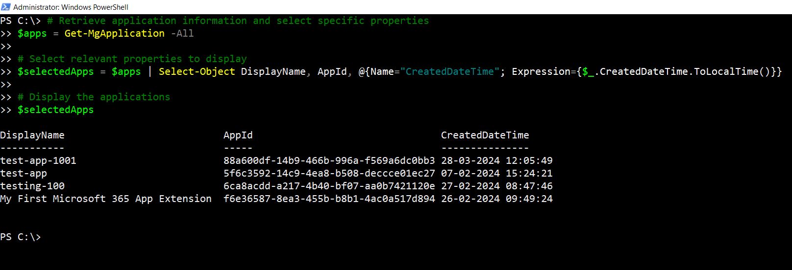 PowerShell command retrieving registered applications with DisplayName, AppId, and CreatedDateTime using Select-Object