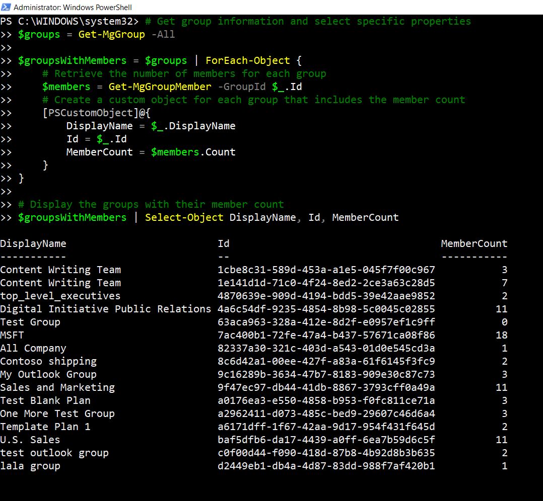 PowerShell script retrieving all Microsoft 365 Groups and displaying DisplayName, Id, and MemberCount using Select-Object