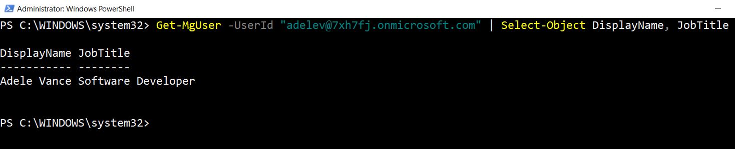 PowerShell command selecting DisplayName and JobTitle properties using Select-Object