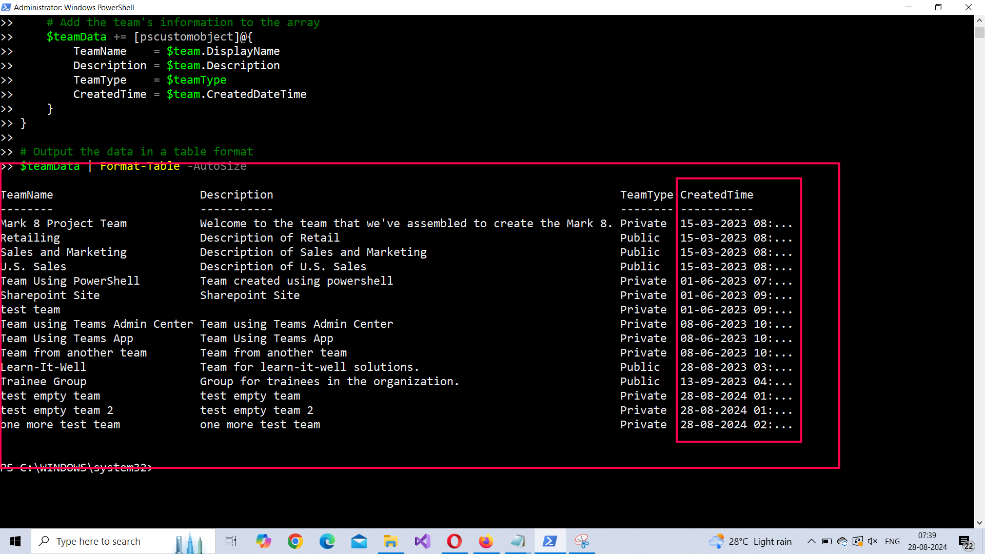Graph PowerShell script output displaying Microsoft Teams with their creation dates, names, descriptions, and types