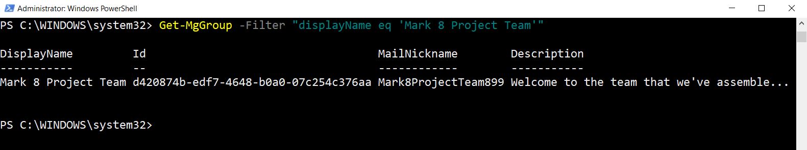 Graph PowerShell command filtering Microsoft 365 groups by display name