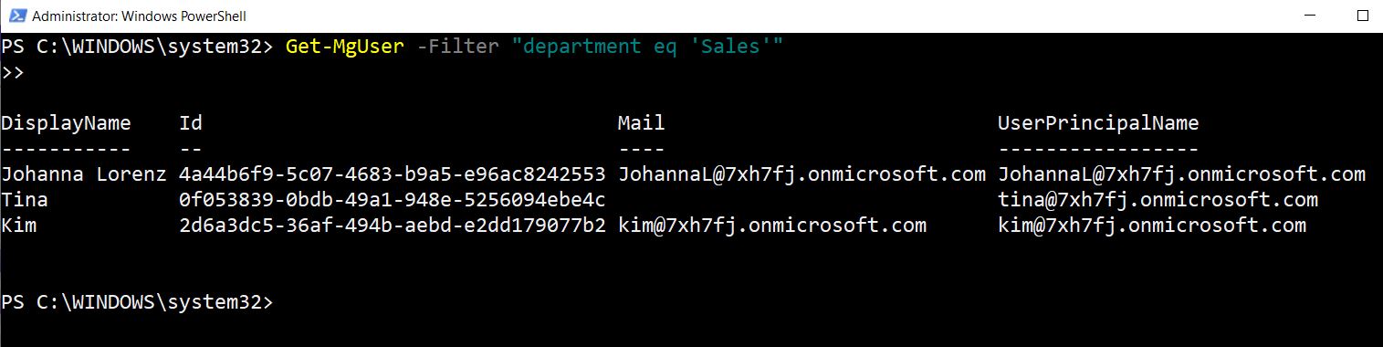Graph PowerShell command filtering Microsoft 365 users by department