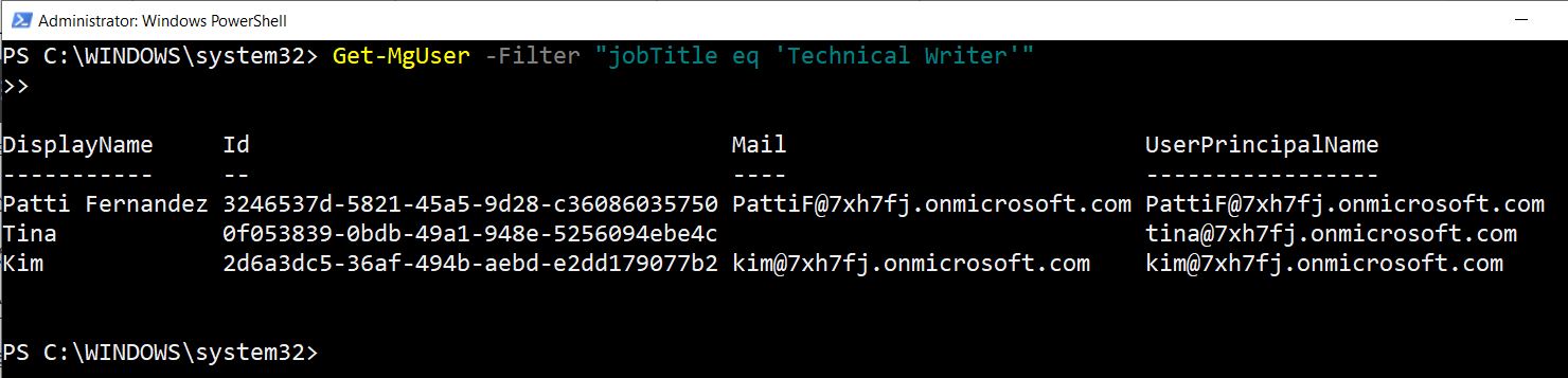 Graph PowerShell command filtering Microsoft 365 users by job title