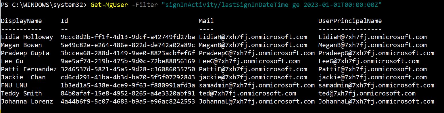 Graph PowerShell command retrieving Microsoft 365 users based on sign-in activity